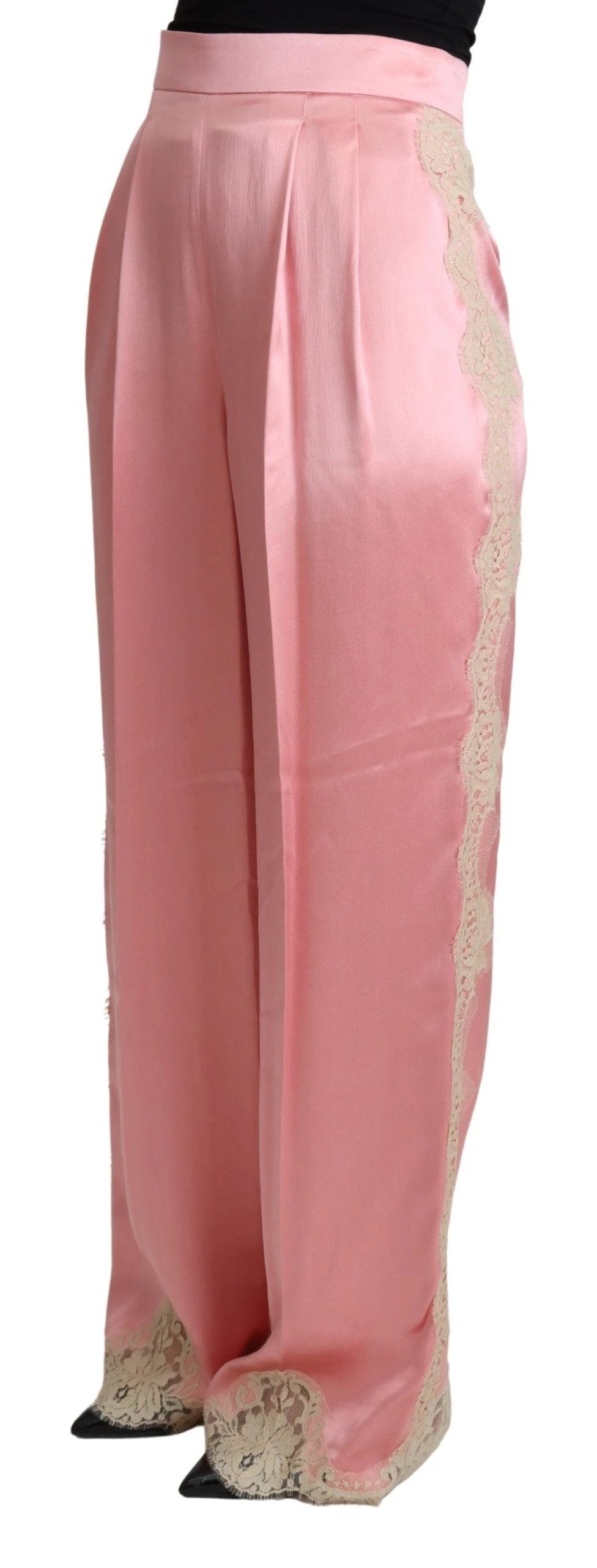 Dolce & Gabbana Pink Lace Trimmed Silk Satin Wide Legs Pants by Dolce & Gabbana