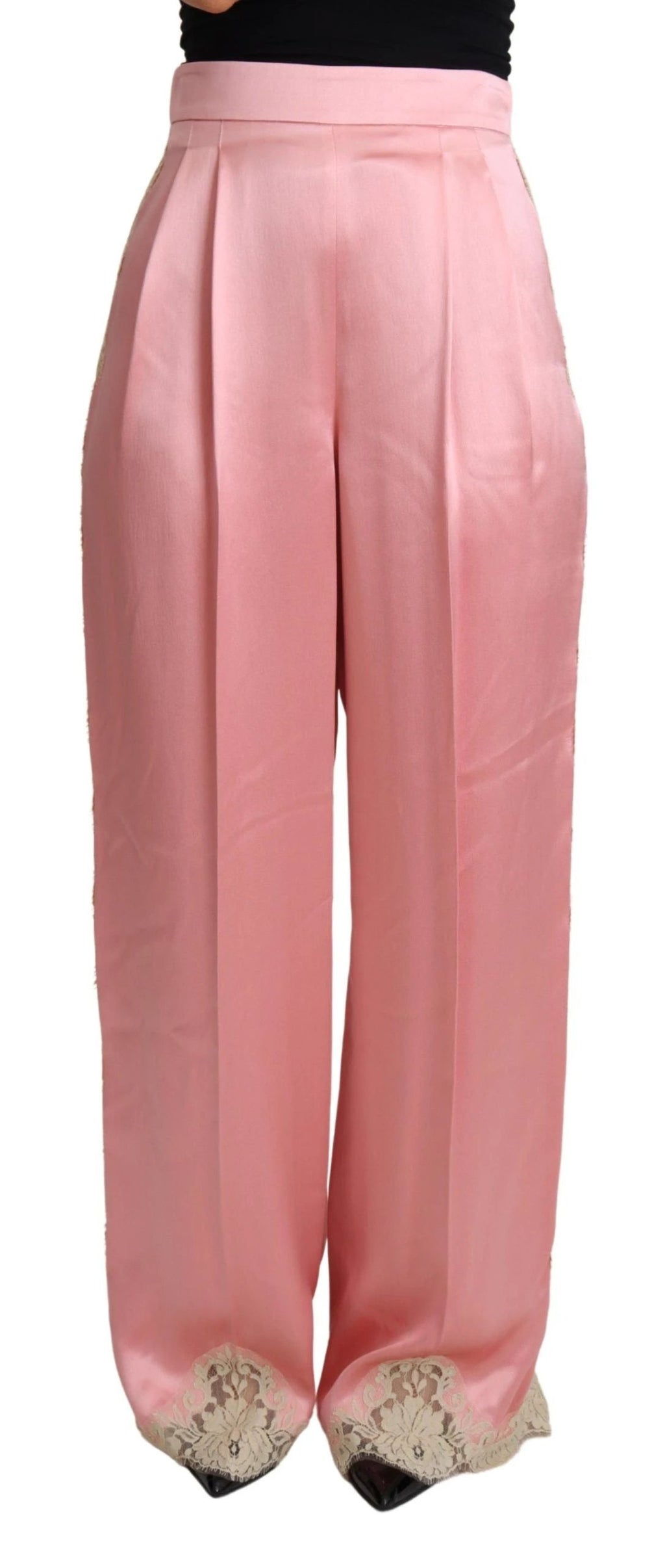 Dolce & Gabbana Pink Lace Trimmed Silk Satin Wide Legs Pants by Dolce & Gabbana