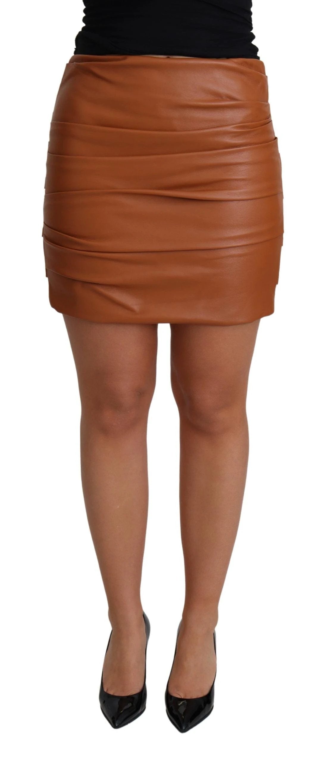 Dolce & Gabbana Brown Lambskin High Waist Mini Pleated Skirt by Dolce & Gabbana