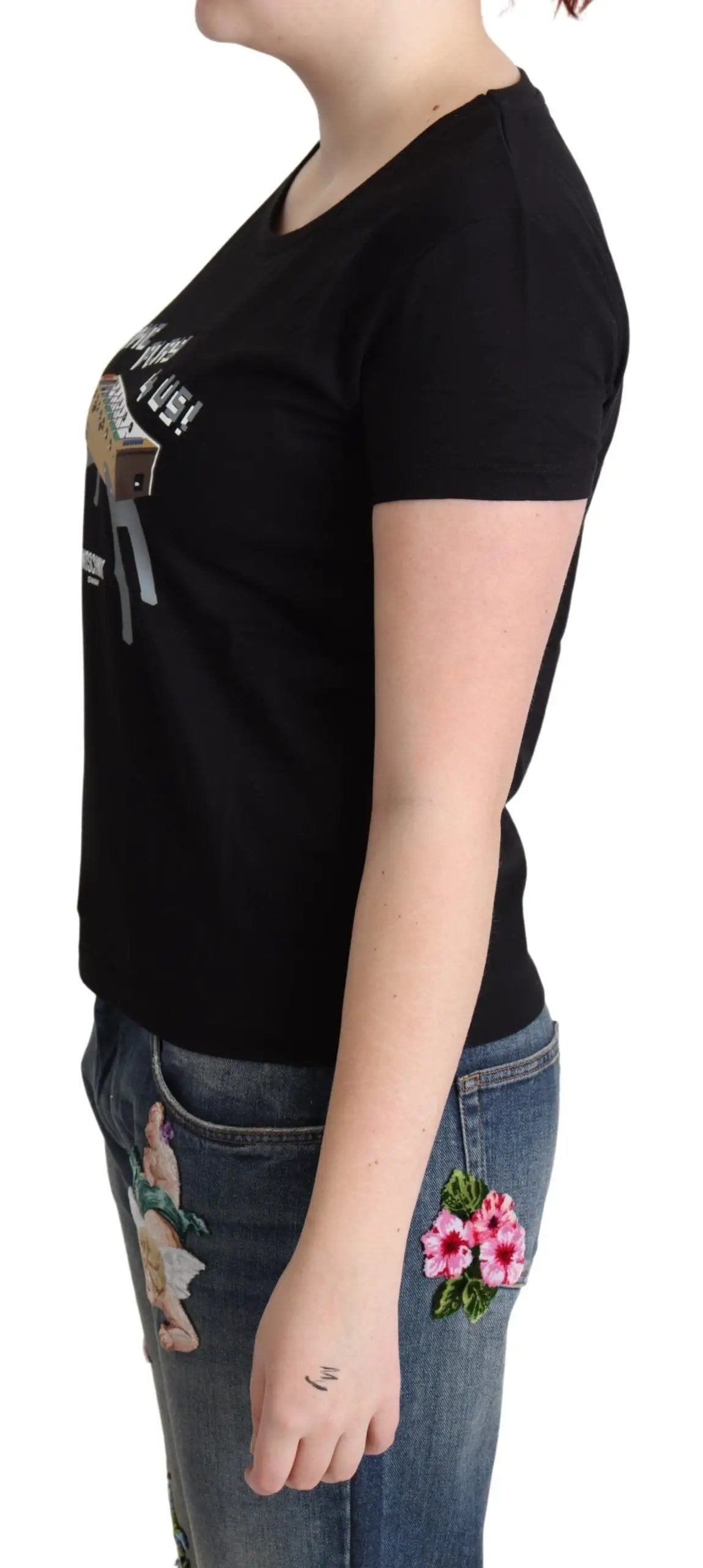 Moschino Black Cotton Come Play 4 Us Print Tops T-shirt