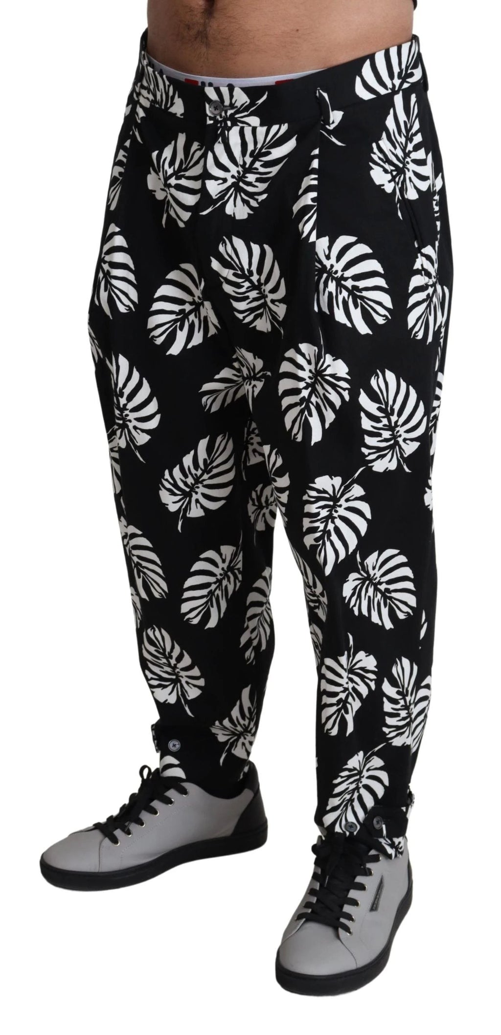 Dolce & Gabbana Black Leaf Cotton Stretch Trouser Pants Pants by Dolce & Gabbana