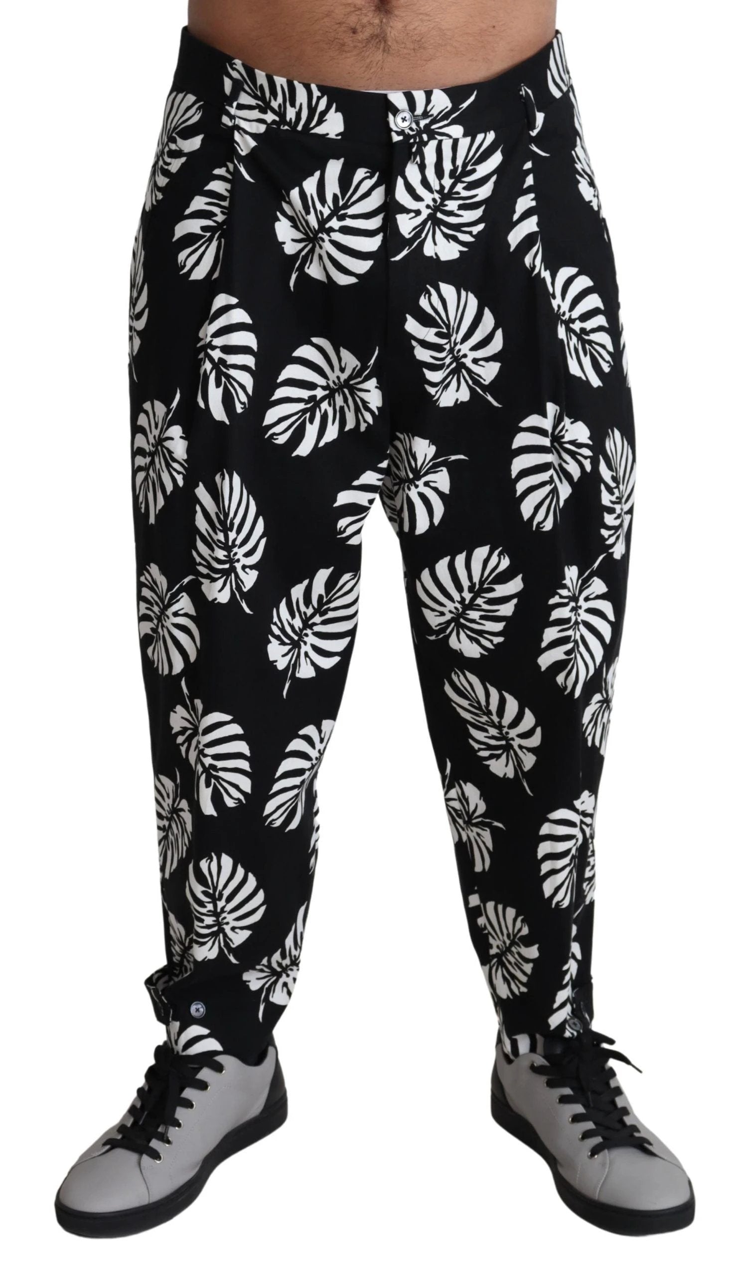 Dolce & Gabbana Black Leaf Cotton Stretch Trouser Pants Pants by Dolce & Gabbana