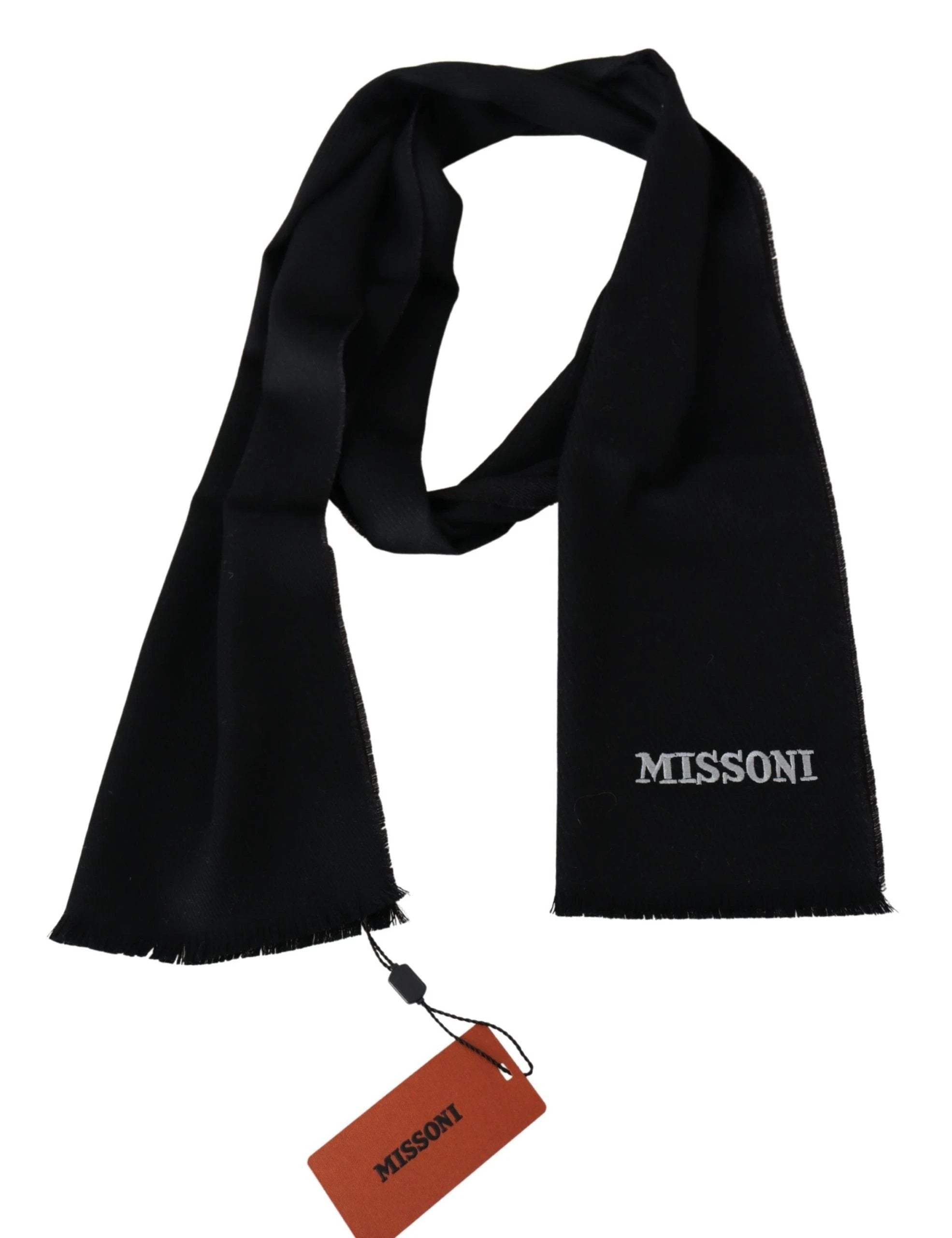 Missoni Black 100% Wool Unisex Neck Wrap Fringes Logo Scarf by Missoni