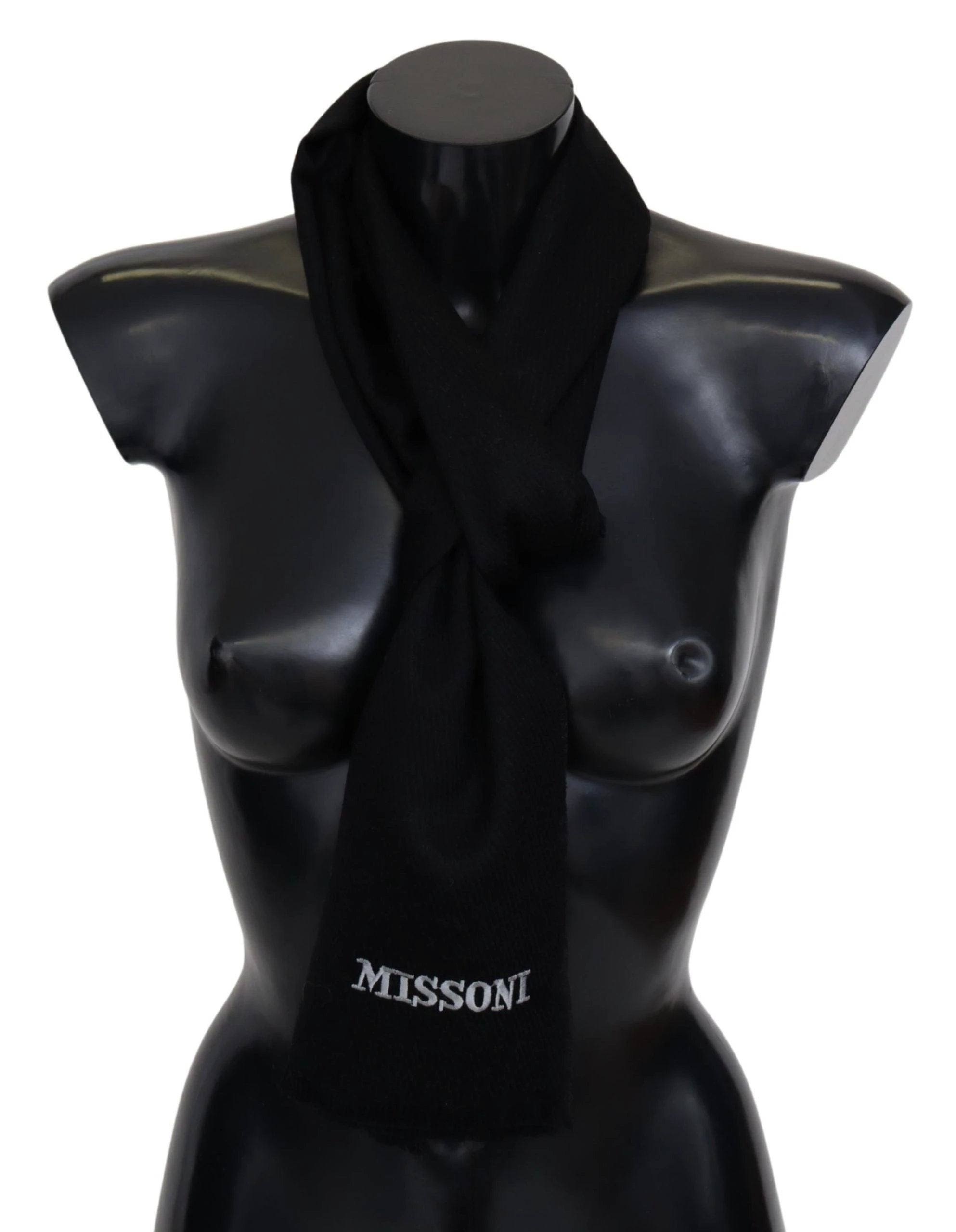 Missoni Black 100% Wool Unisex Neck Wrap Fringes Logo Scarf by Missoni