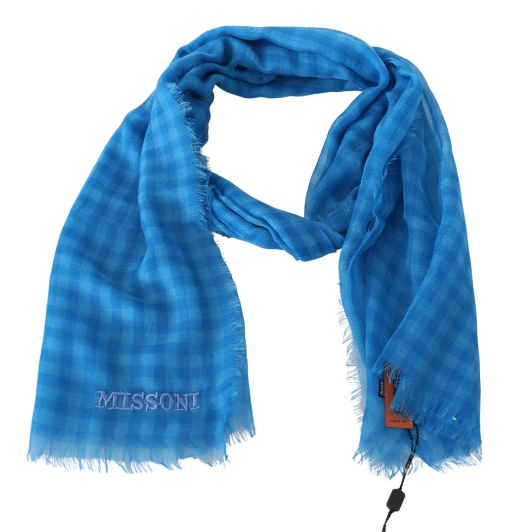 Missoni Blue Checkered Cashmere Unisex Wrap Fringes Scarf by Missoni