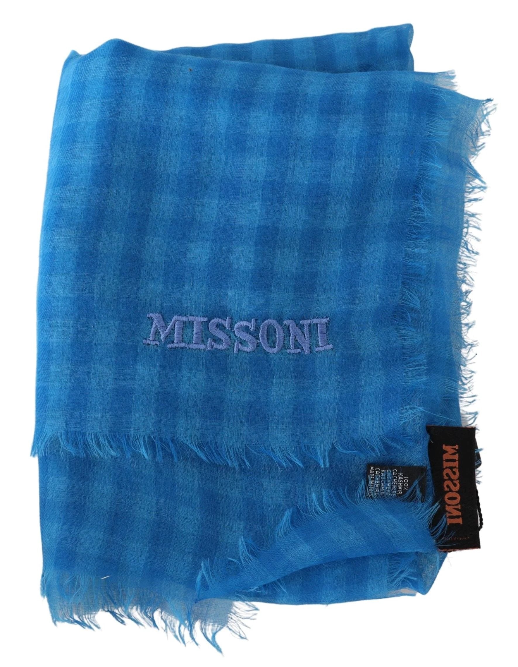 Missoni Blue Checkered Cashmere Unisex Wrap Fringes Scarf by Missoni