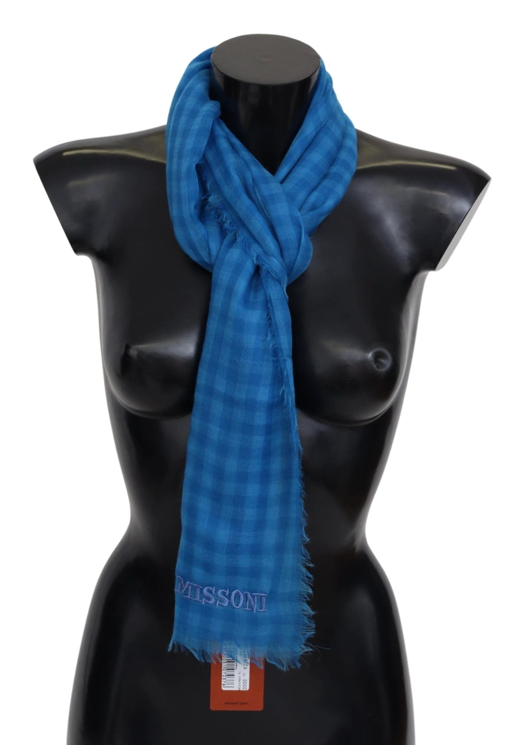 Missoni Blue Checkered Cashmere Unisex Wrap Fringes Scarf by Missoni