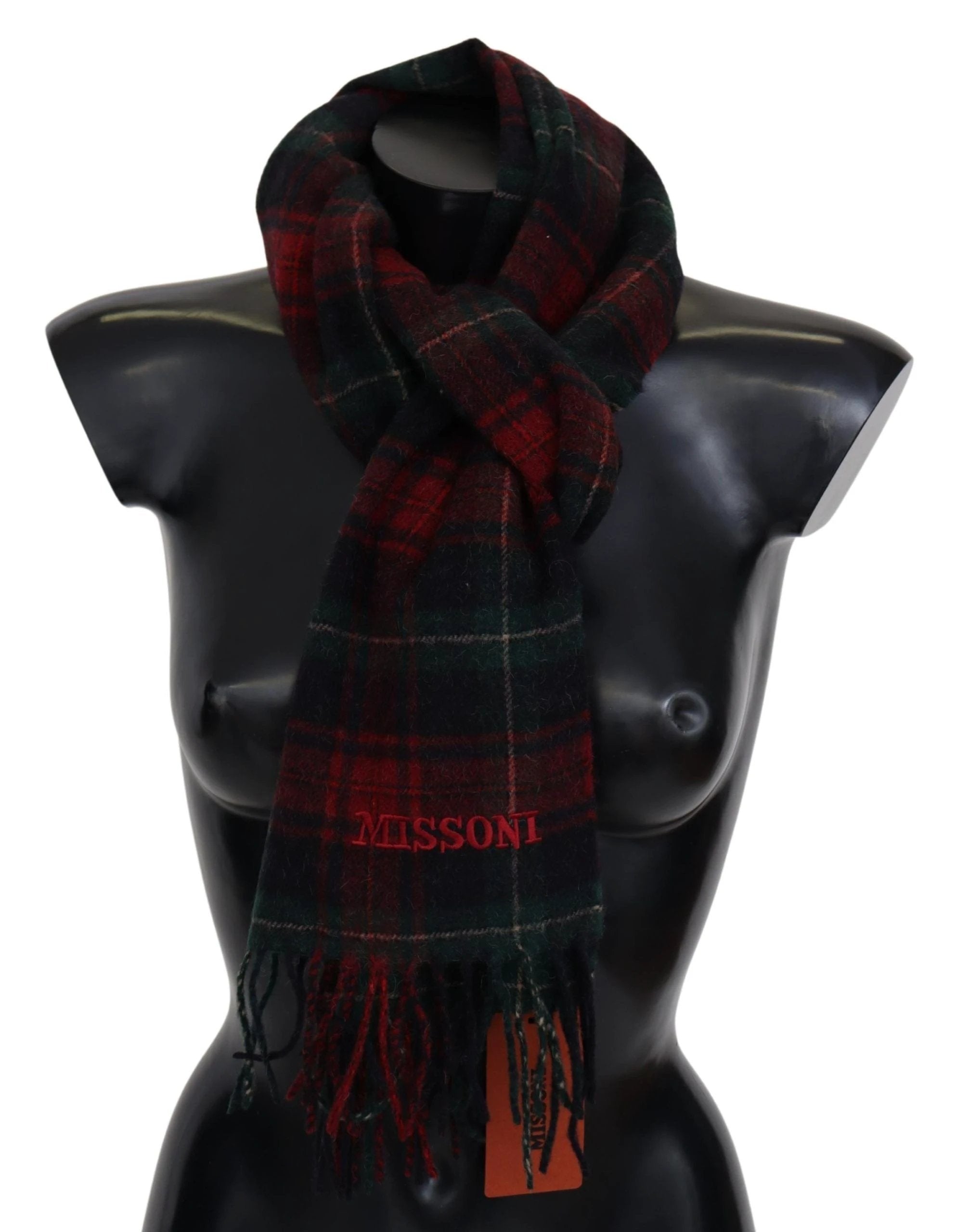 Missoni Black Red Check Wool Unisex Neck Wrap Fringes Scarf by Missoni