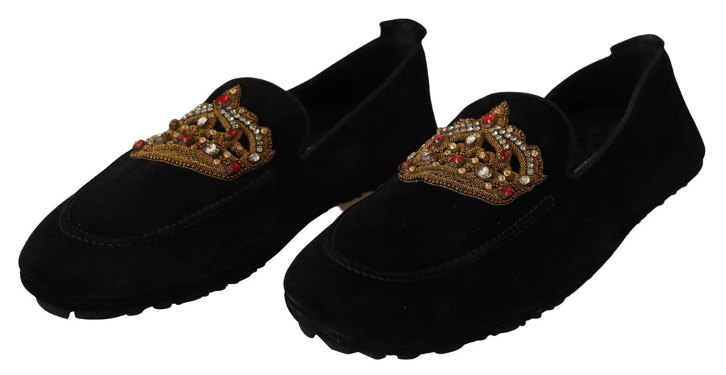 Dolce & Gabbana Black Leather Crystal Gold Crown Loafers Shoes by Dolce & Gabbana