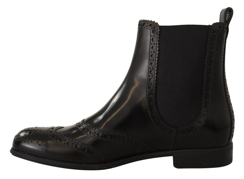 Dolce & Gabbana Black Leather Ankle High Flat Boots Shoes by Dolce & Gabbana