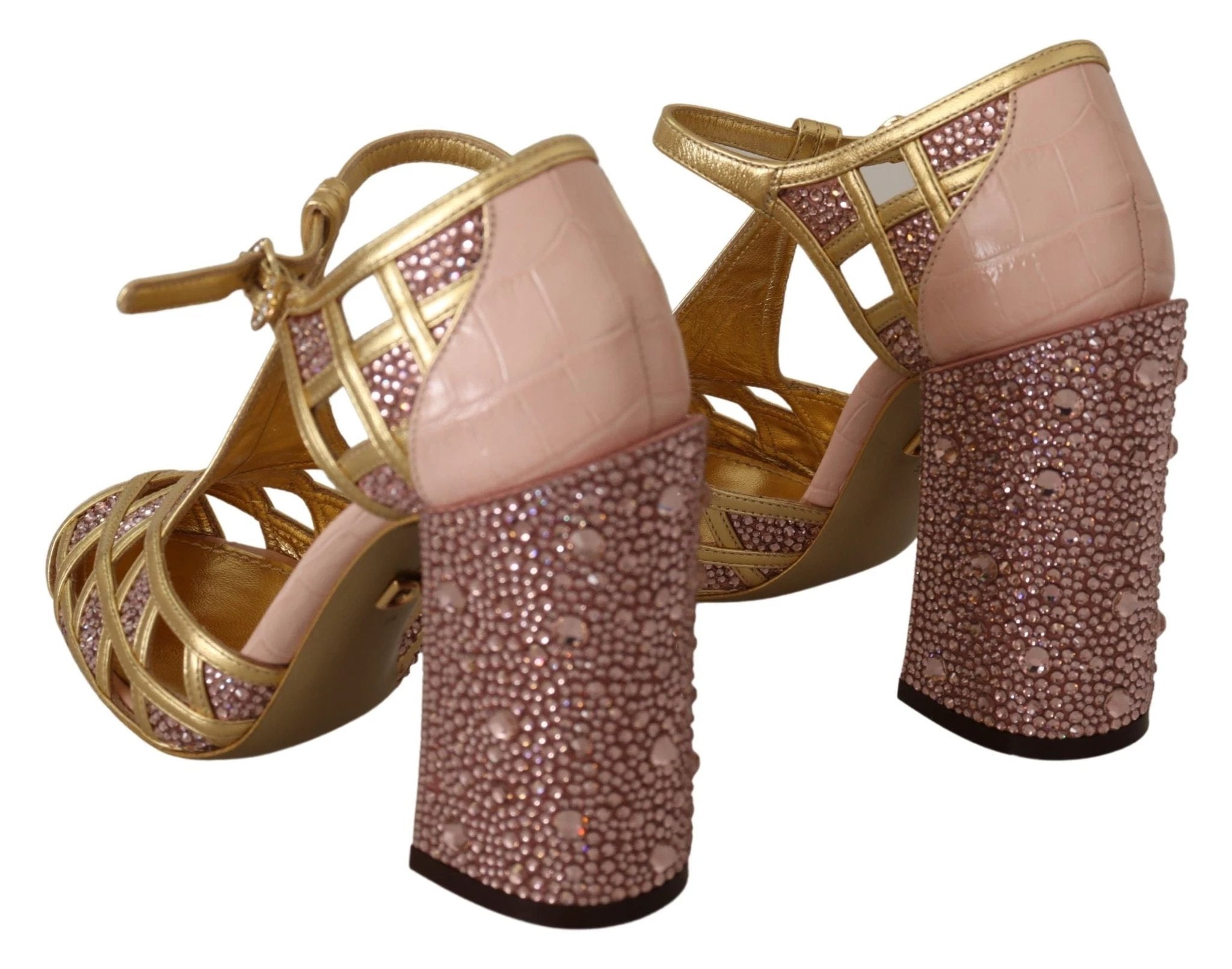 Dolce & Gabbana Pink Gold Leather Crystal Pumps T-strap Shoes by Dolce & Gabbana