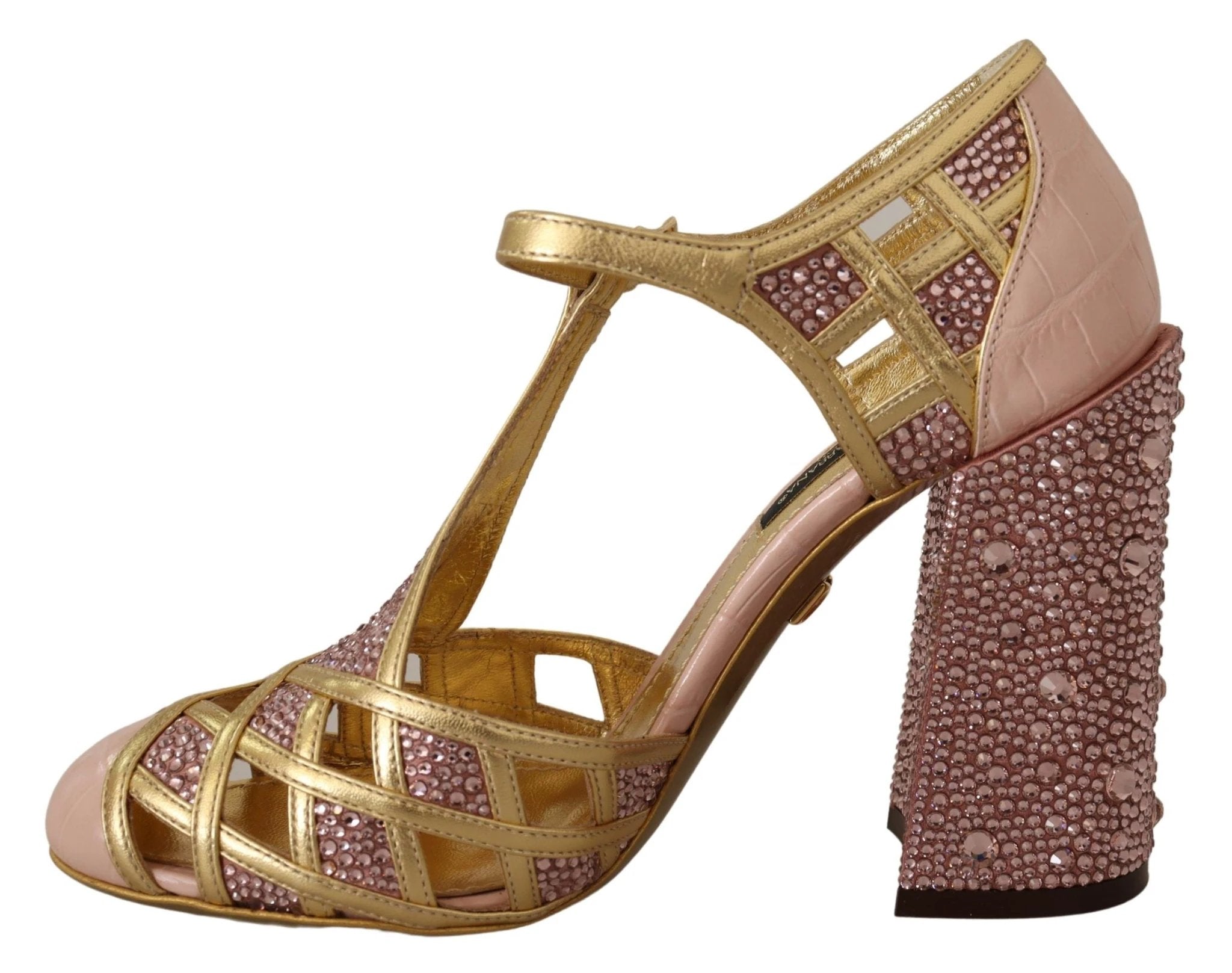 Dolce & Gabbana Pink Gold Leather Crystal Pumps T-strap Shoes by Dolce & Gabbana