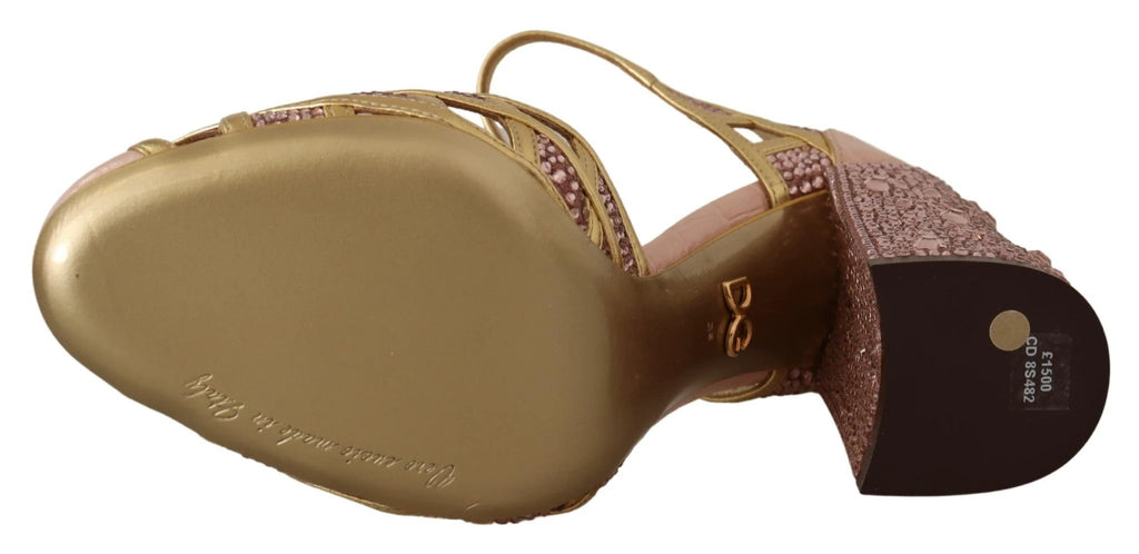 Dolce & Gabbana Pink Gold Leather Crystal Pumps T-strap Shoes by Dolce & Gabbana