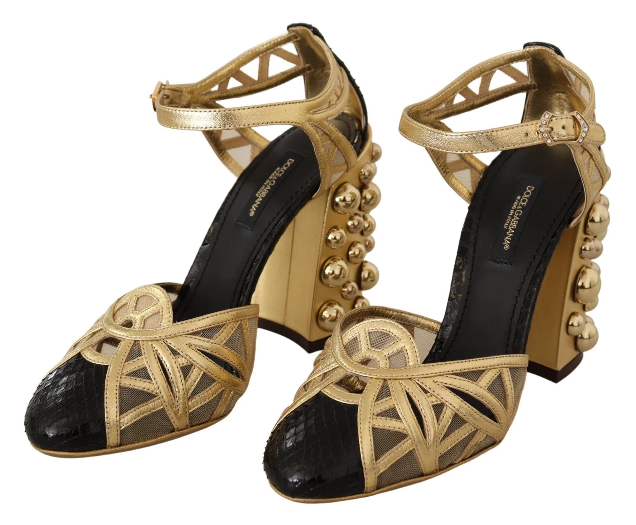 Dolce & Gabbana Black Gold Leather Studded Ankle Straps Shoes by Dolce & Gabbana