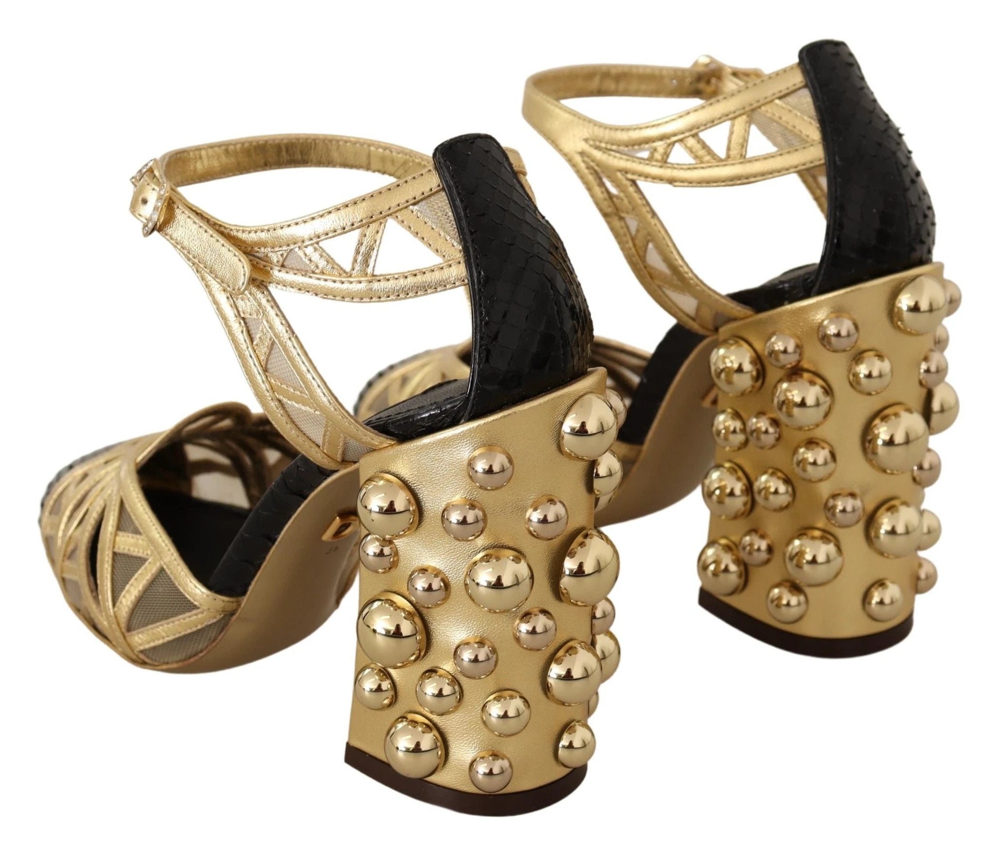 Dolce & Gabbana Black Gold Leather Studded Ankle Straps Shoes by Dolce & Gabbana