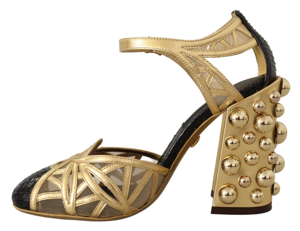 Dolce & Gabbana Black Gold Leather Studded Ankle Straps Shoes by Dolce & Gabbana