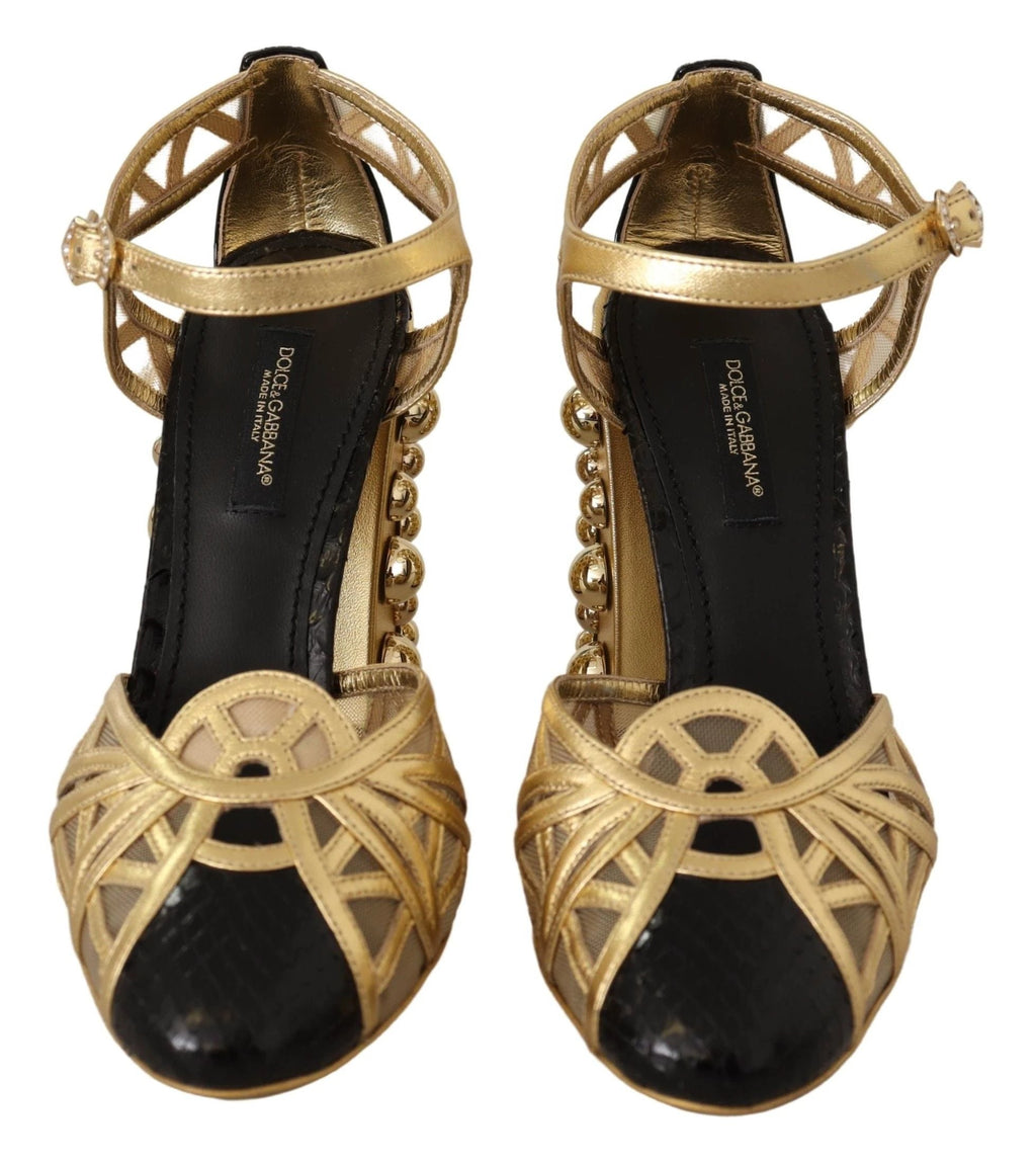 Dolce & Gabbana Black Gold Leather Studded Ankle Straps Shoes by Dolce & Gabbana