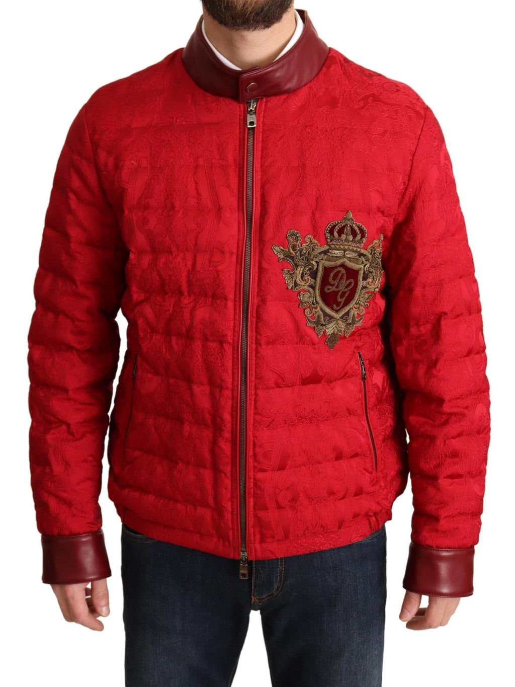 Dolce & Gabbana Red Brocade Bomber Gold Crown Logo Coat Jacket by Dolce & Gabbana