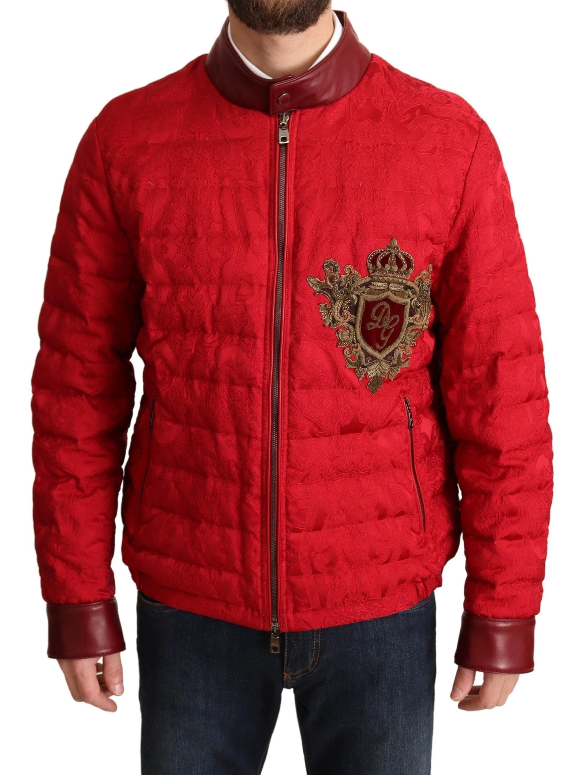 Dolce & Gabbana Red Brocade Bomber Gold Crown Logo Coat Jacket by Dolce & Gabbana
