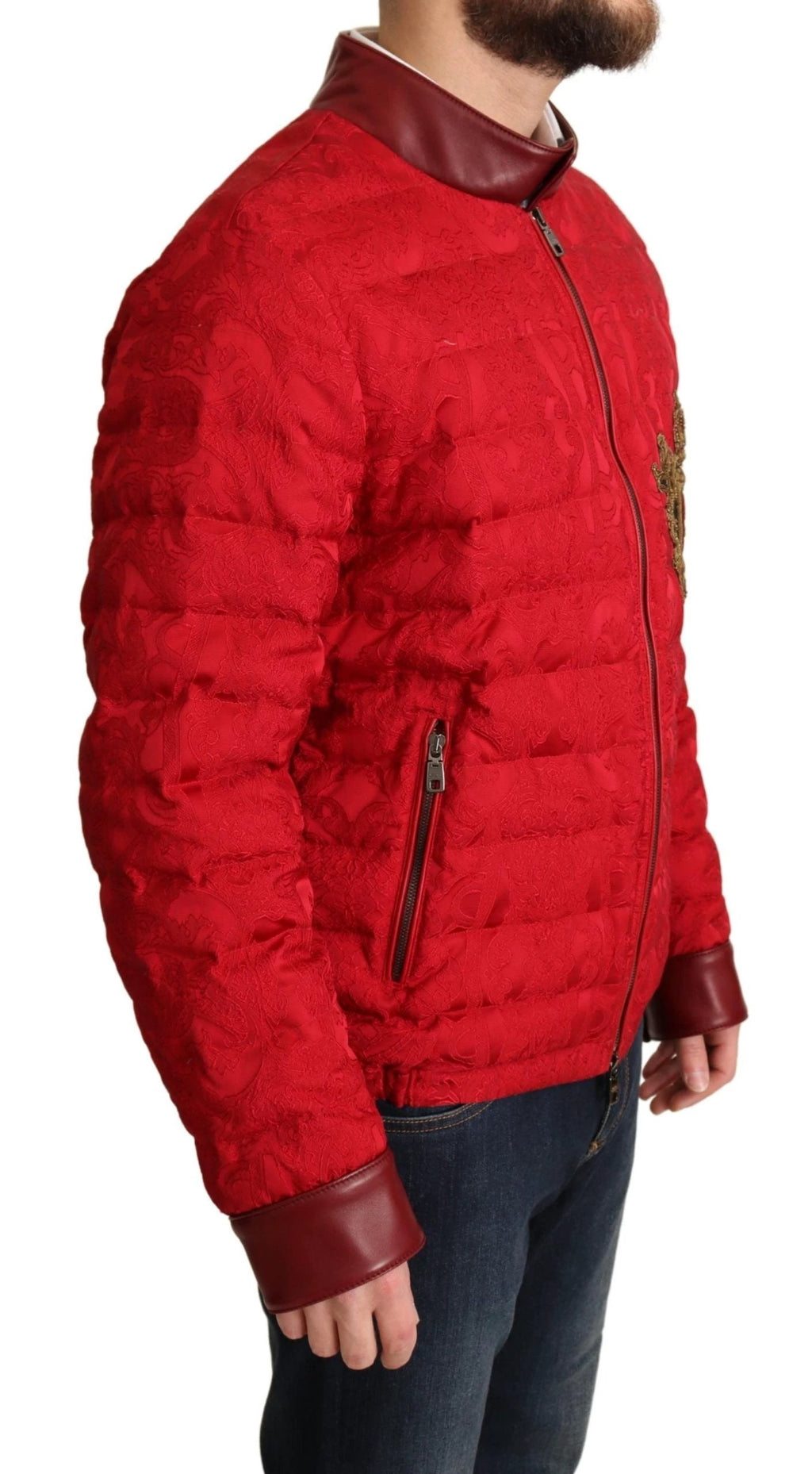 Dolce & Gabbana Red Brocade Bomber Gold Crown Logo Coat Jacket by Dolce & Gabbana