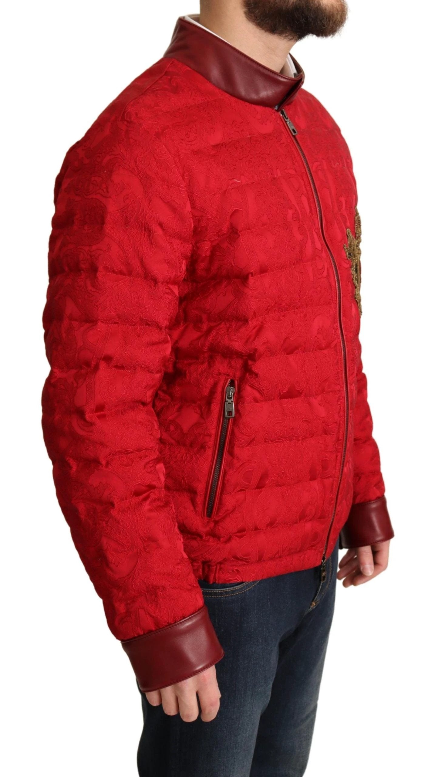 Dolce & Gabbana Red Brocade Bomber Gold Crown Logo Coat Jacket by Dolce & Gabbana
