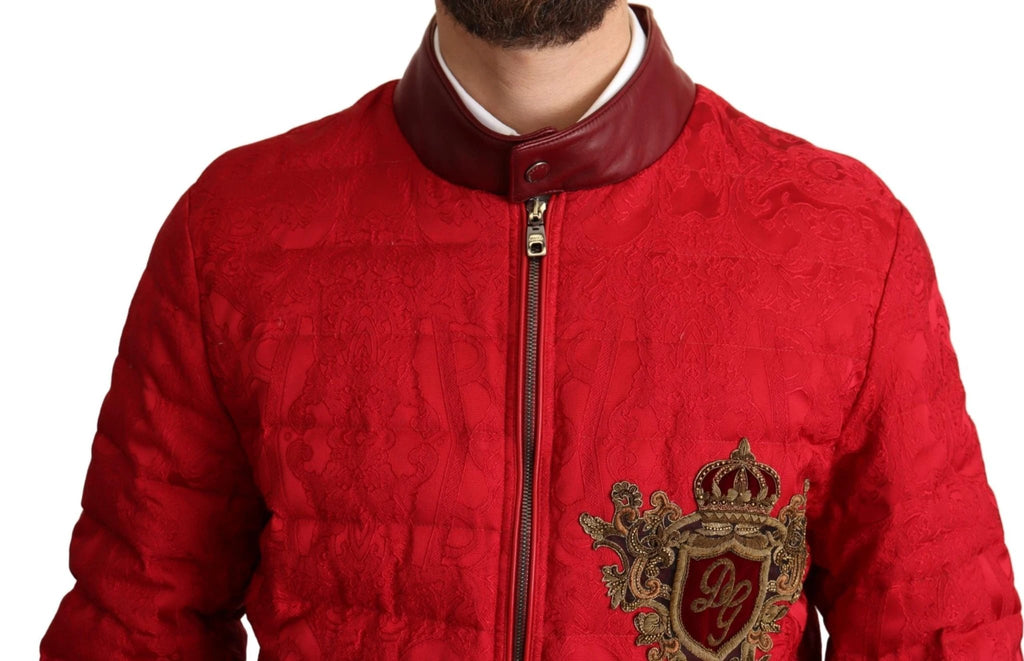 Dolce & Gabbana Red Brocade Bomber Gold Crown Logo Coat Jacket by Dolce & Gabbana