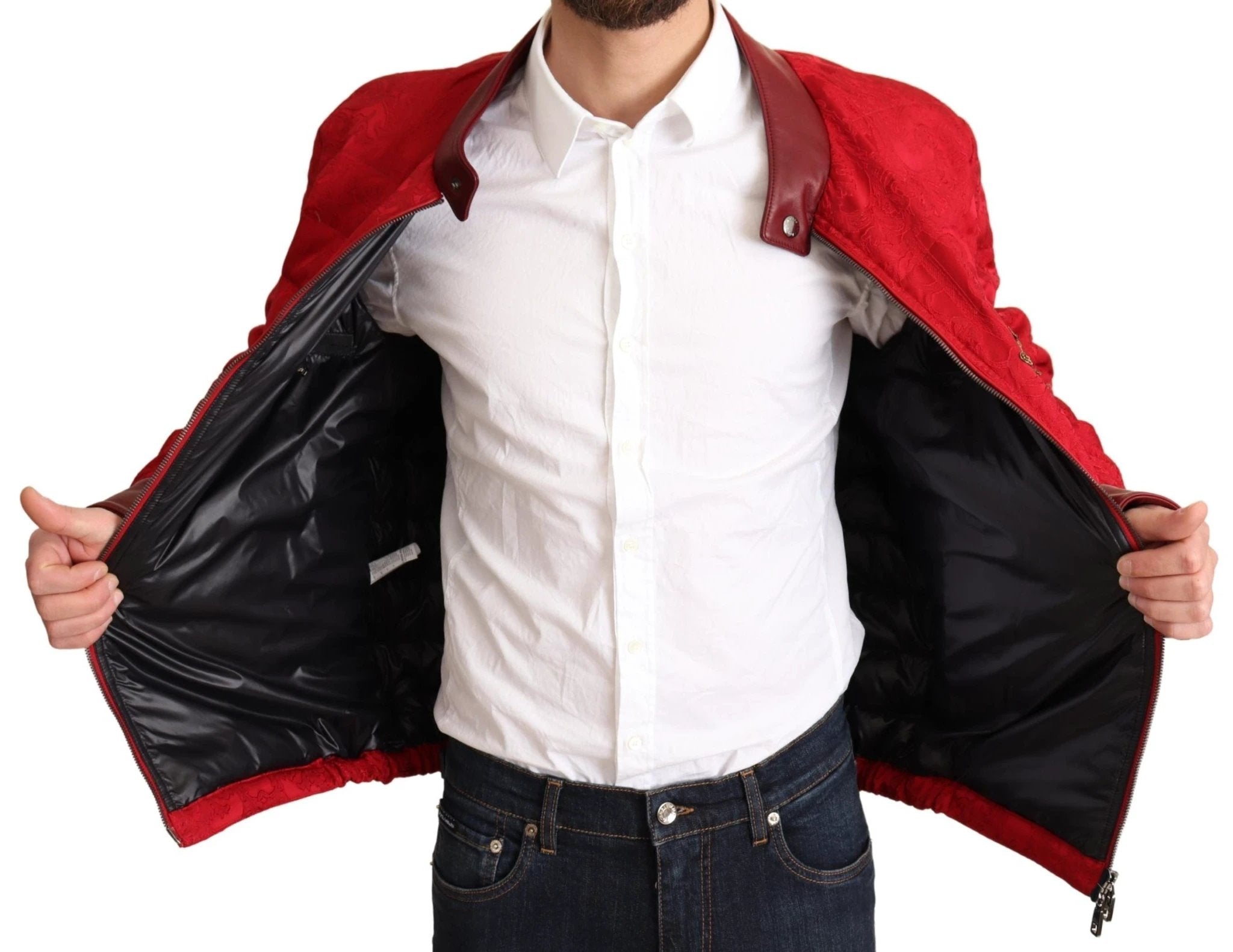 Dolce & Gabbana Red Brocade Bomber Gold Crown Logo Coat Jacket by Dolce & Gabbana