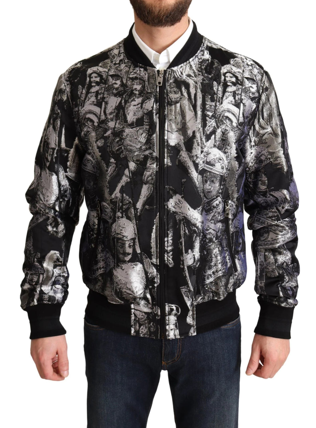Dolce & Gabbana Black Silver Puppi Motive Bomber Jacket by Dolce & Gabbana
