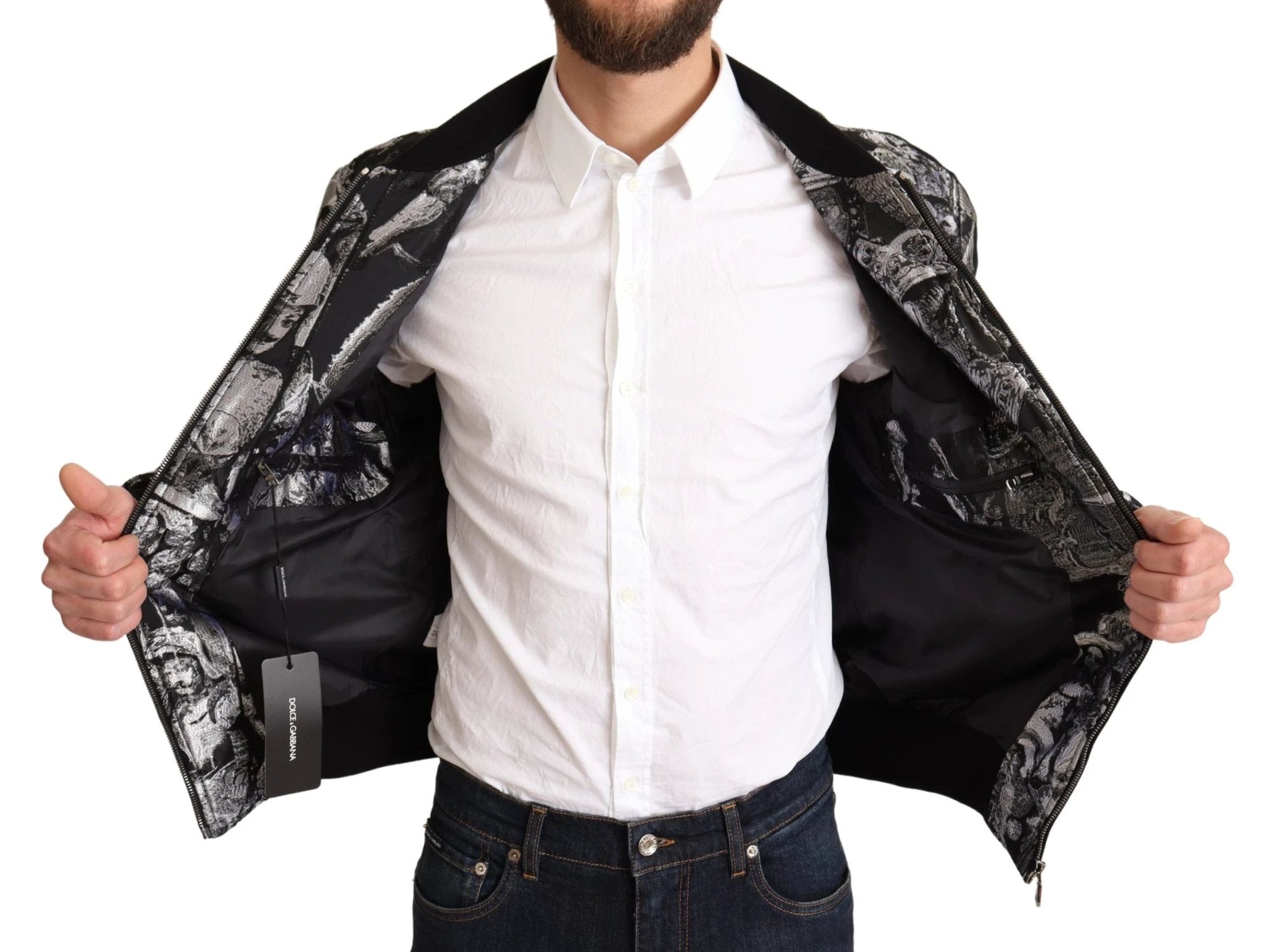 Dolce & Gabbana Black Silver Puppi Motive Bomber Jacket by Dolce & Gabbana