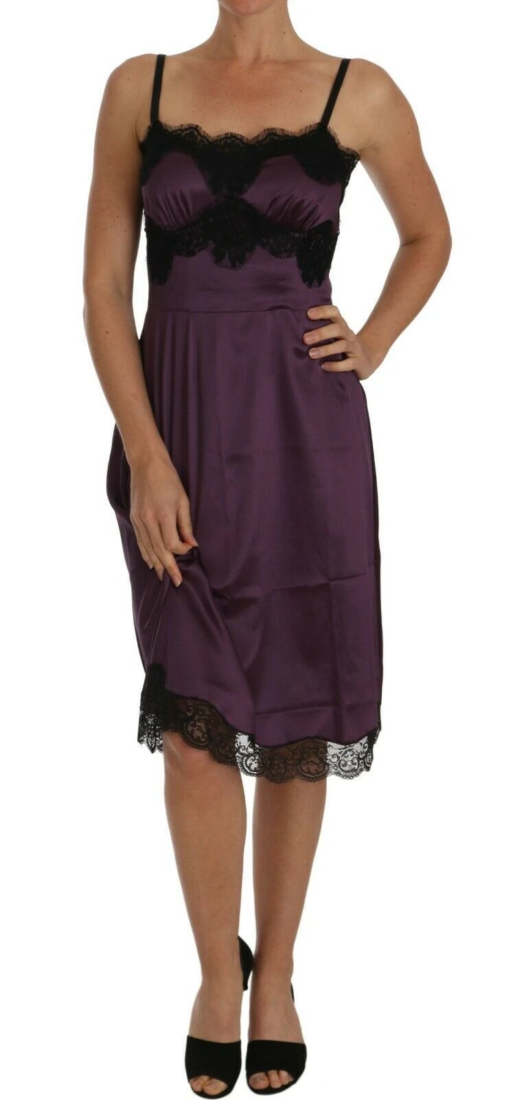 Dolce & Gabbana Purple Silk Stretch Black Lace A-Line Dress by Dolce & Gabbana