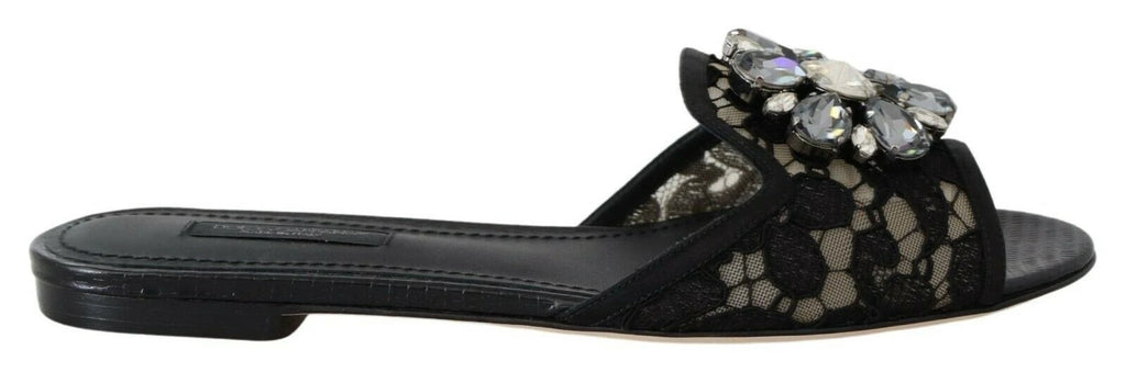 Dolce & Gabbana Black Taormina Lace Slides Crystals Flats Shoes by Dolce & Gabbana