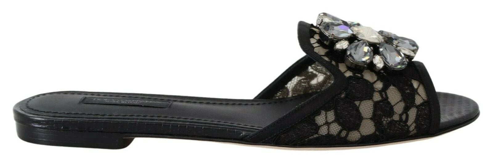 Dolce & Gabbana Black Taormina Lace Slides Crystals Flats Shoes by Dolce & Gabbana