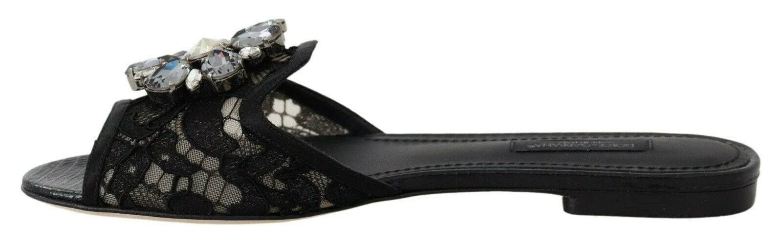 Dolce & Gabbana Black Taormina Lace Slides Crystals Flats Shoes by Dolce & Gabbana