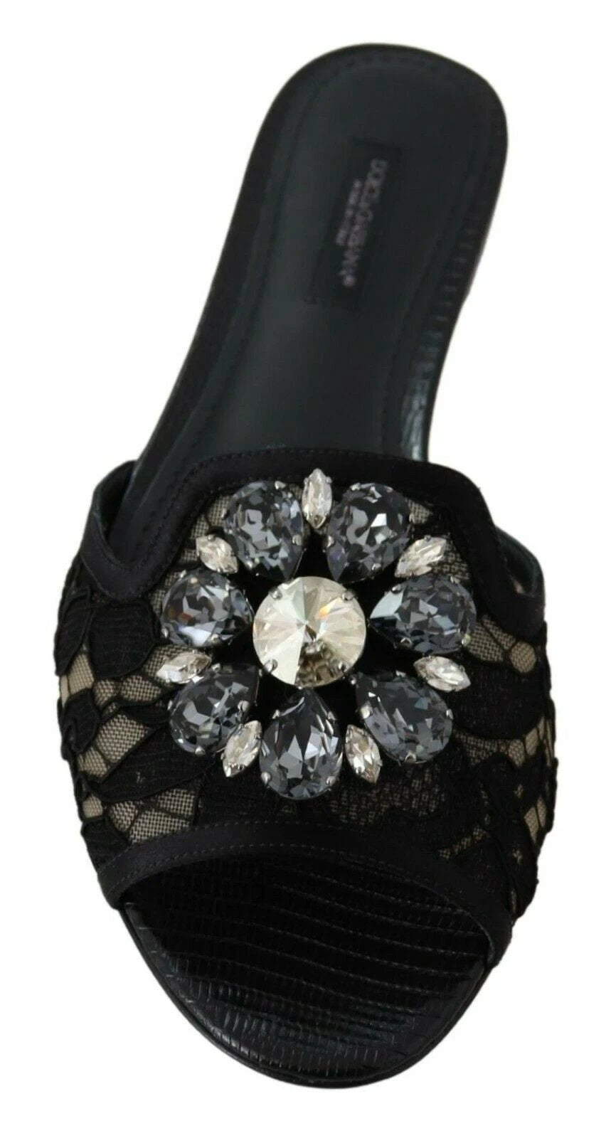 Dolce & Gabbana Black Taormina Lace Slides Crystals Flats Shoes by Dolce & Gabbana