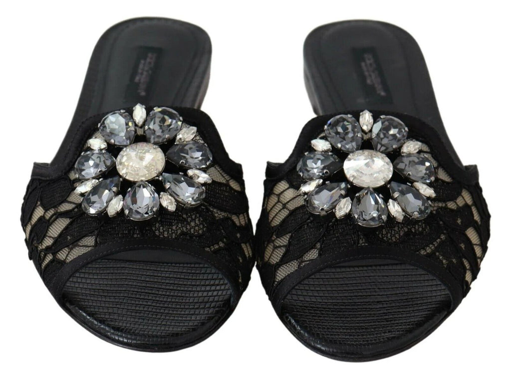 Dolce & Gabbana Black Taormina Lace Slides Crystals Flats Shoes by Dolce & Gabbana