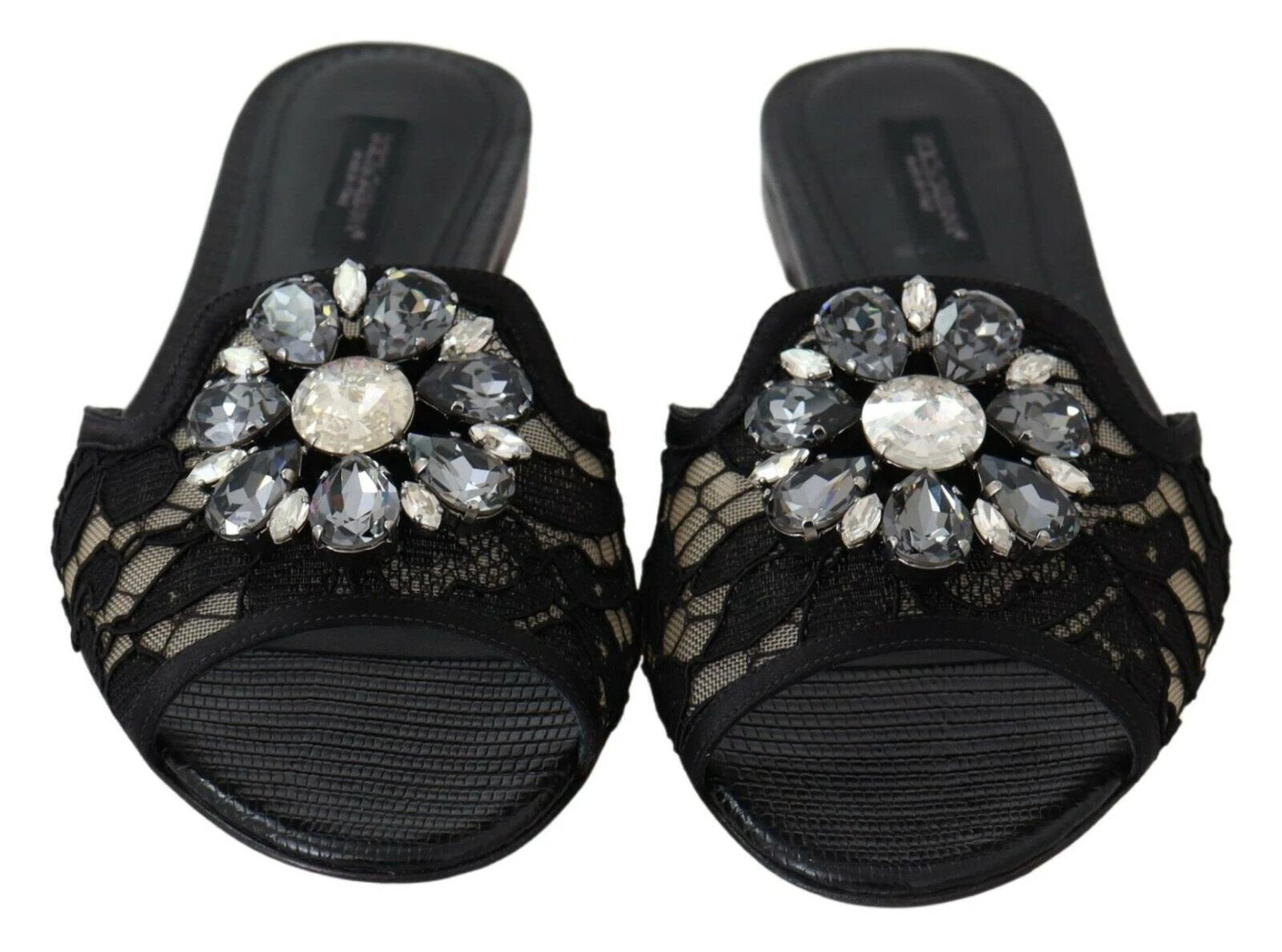 Dolce & Gabbana Black Taormina Lace Slides Crystals Flats Shoes by Dolce & Gabbana