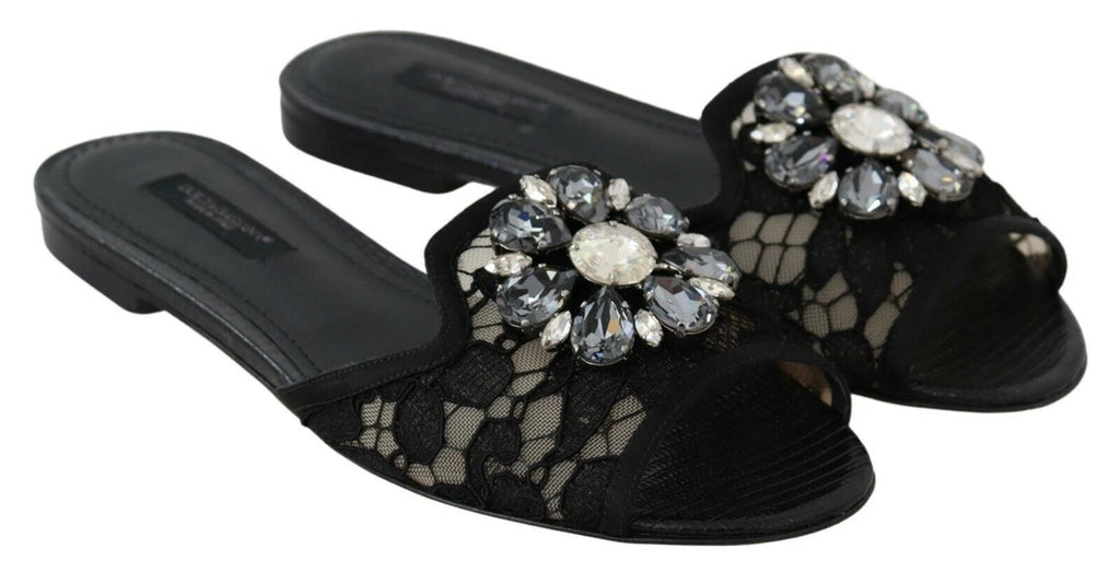 Dolce & Gabbana Black Taormina Lace Slides Crystals Flats Shoes by Dolce & Gabbana