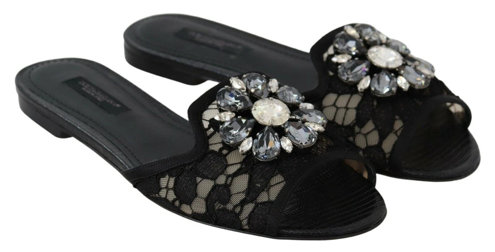 Dolce & Gabbana Black Taormina Lace Slides Crystals Flats Shoes by Dolce & Gabbana