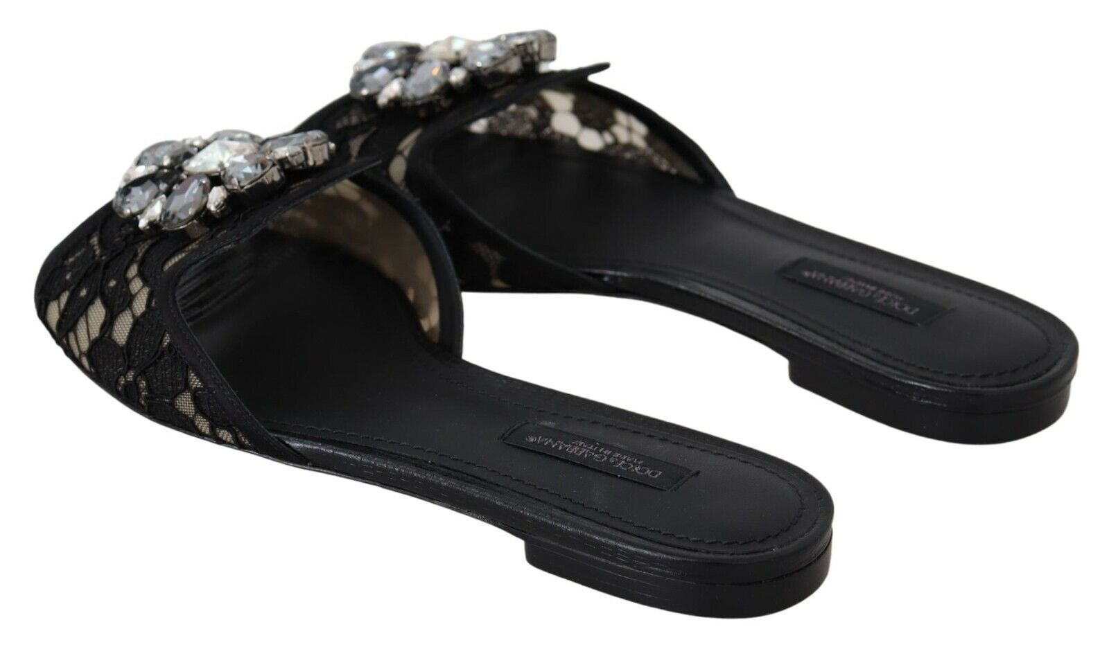 Dolce & Gabbana Black Taormina Lace Slides Crystals Flats Shoes by Dolce & Gabbana