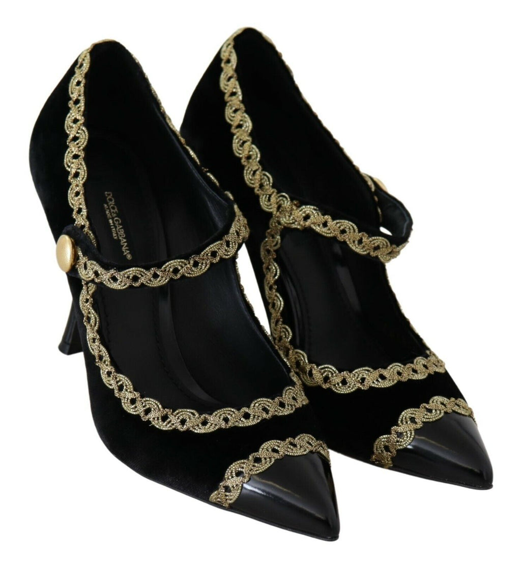 Dolce & Gabbana Black Embellished Velvet Mary Jane Pumps Shoes by Dolce & Gabbana