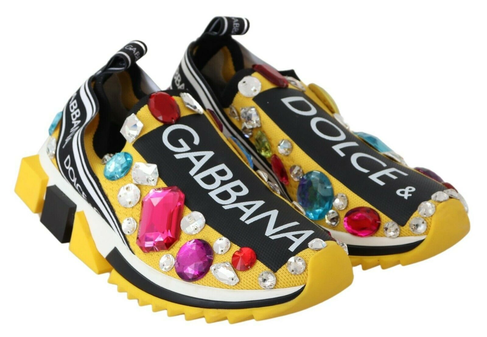 Dolce & Gabbana Yellow Multicolor Crystals Sneakers Shoes by Dolce & Gabbana