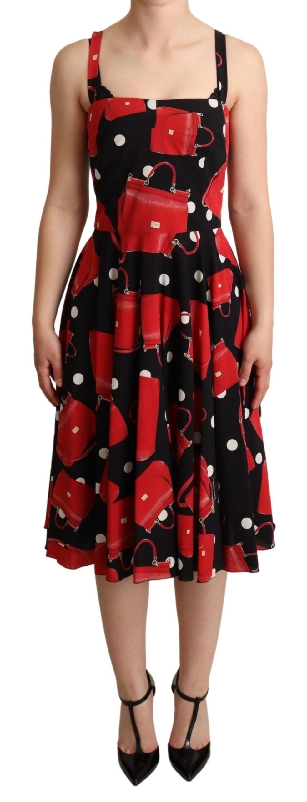 Dolce & Gabbana Black Red Bag Print A-line Mid Length Dress by Dolce & Gabbana