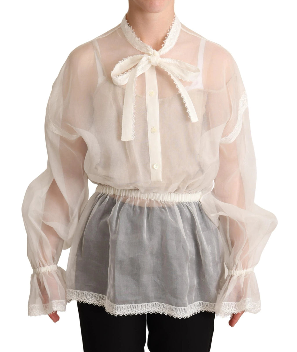 Dolce & Gabbana White Ascot Collar Long Sleeves Blouse Top by Dolce & Gabbana