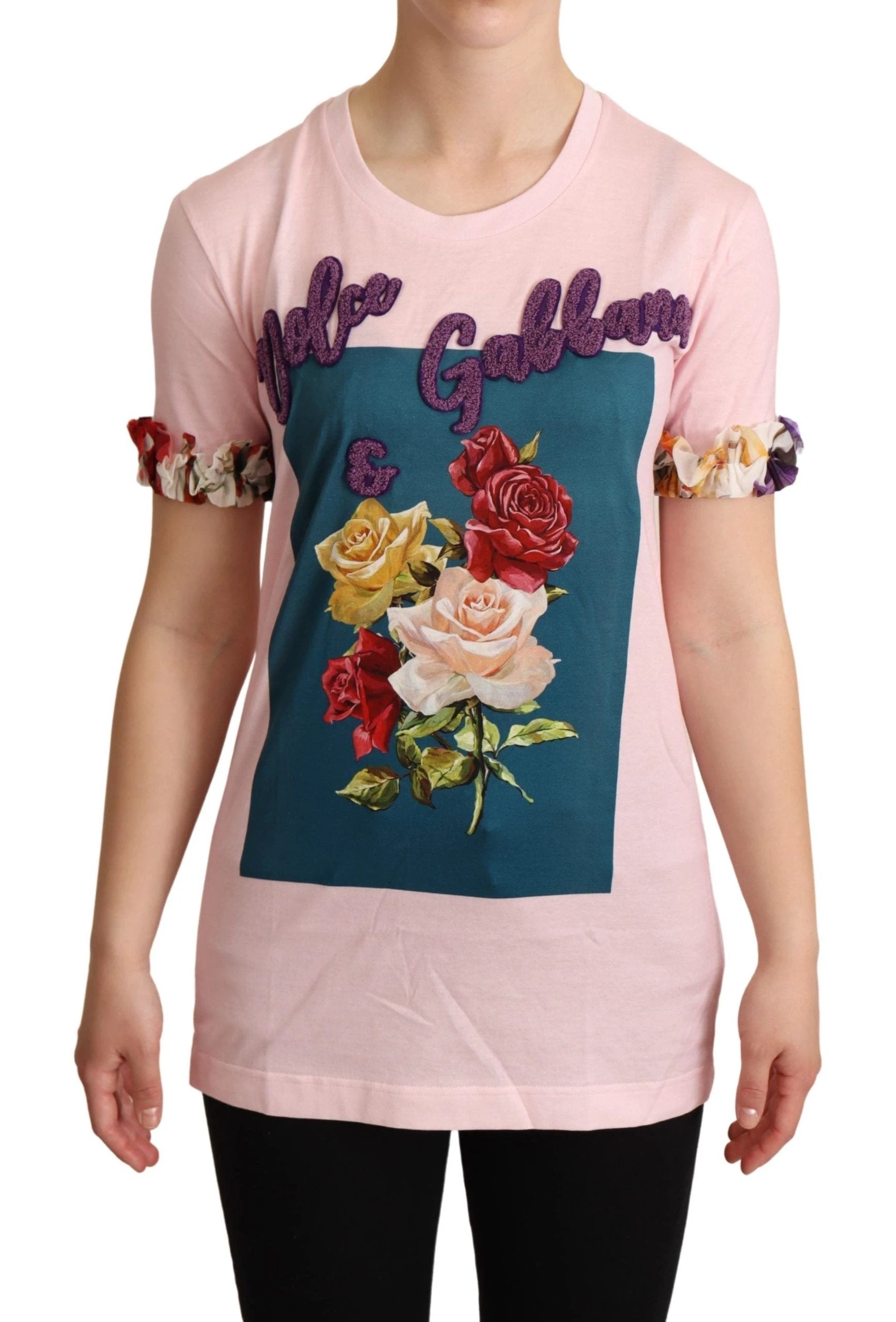 Dolce & Gabbana Pink Cotton Floral Roses Crewneck T-shirt by Dolce & Gabbana