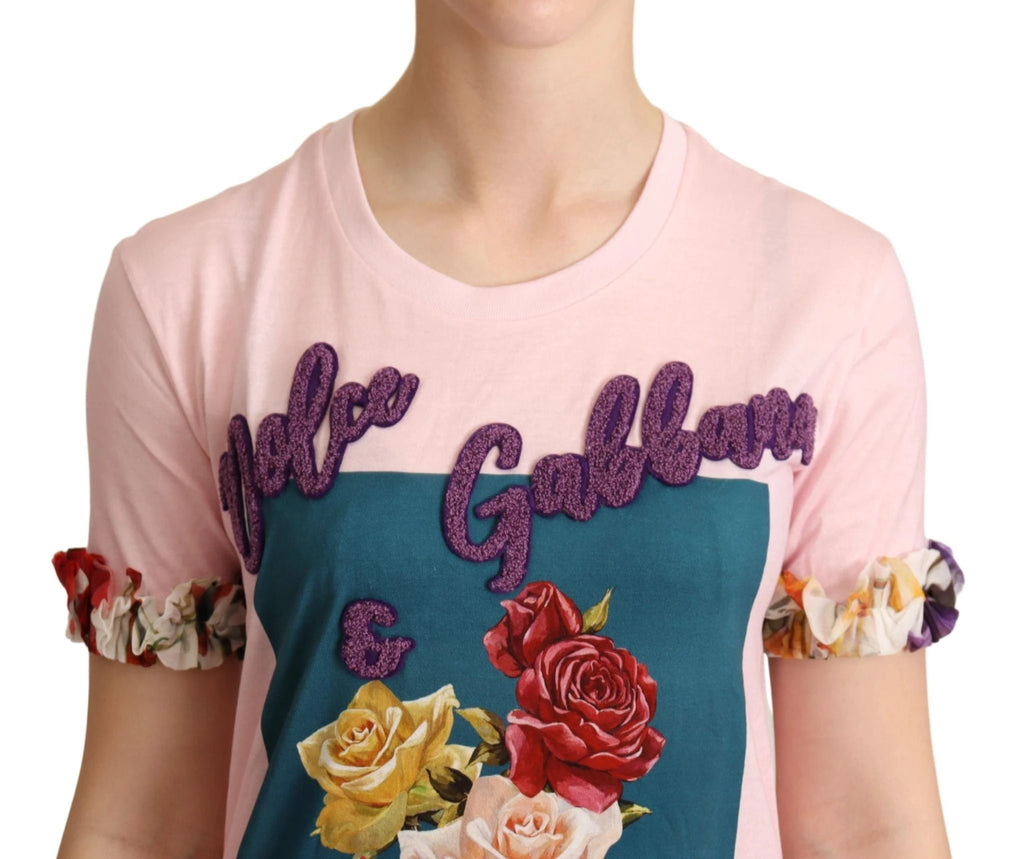 Dolce & Gabbana Pink Cotton Floral Roses Crewneck T-shirt by Dolce & Gabbana