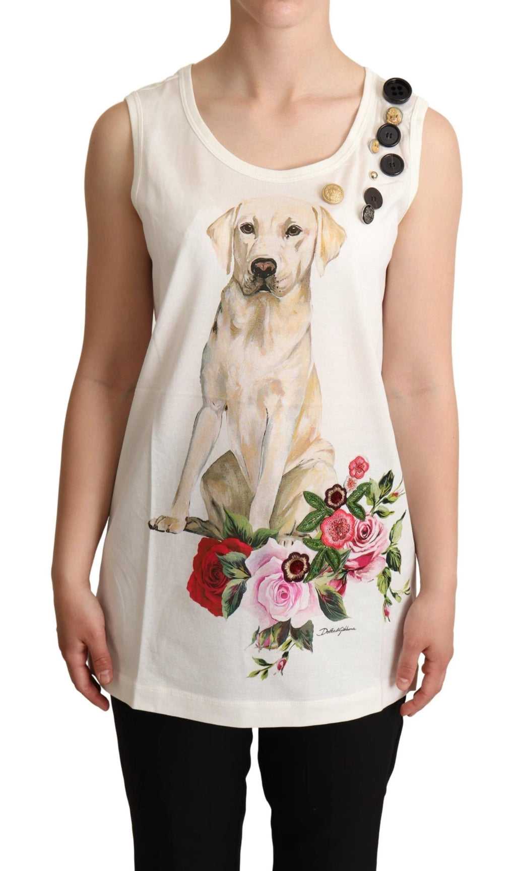Dolce & Gabbana White Dog Floral Print Embellished T-shirt by Dolce & Gabbana