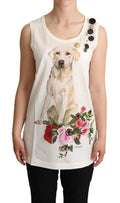 Dolce & Gabbana White Dog Floral Print Embellished T-shirt by Dolce & Gabbana