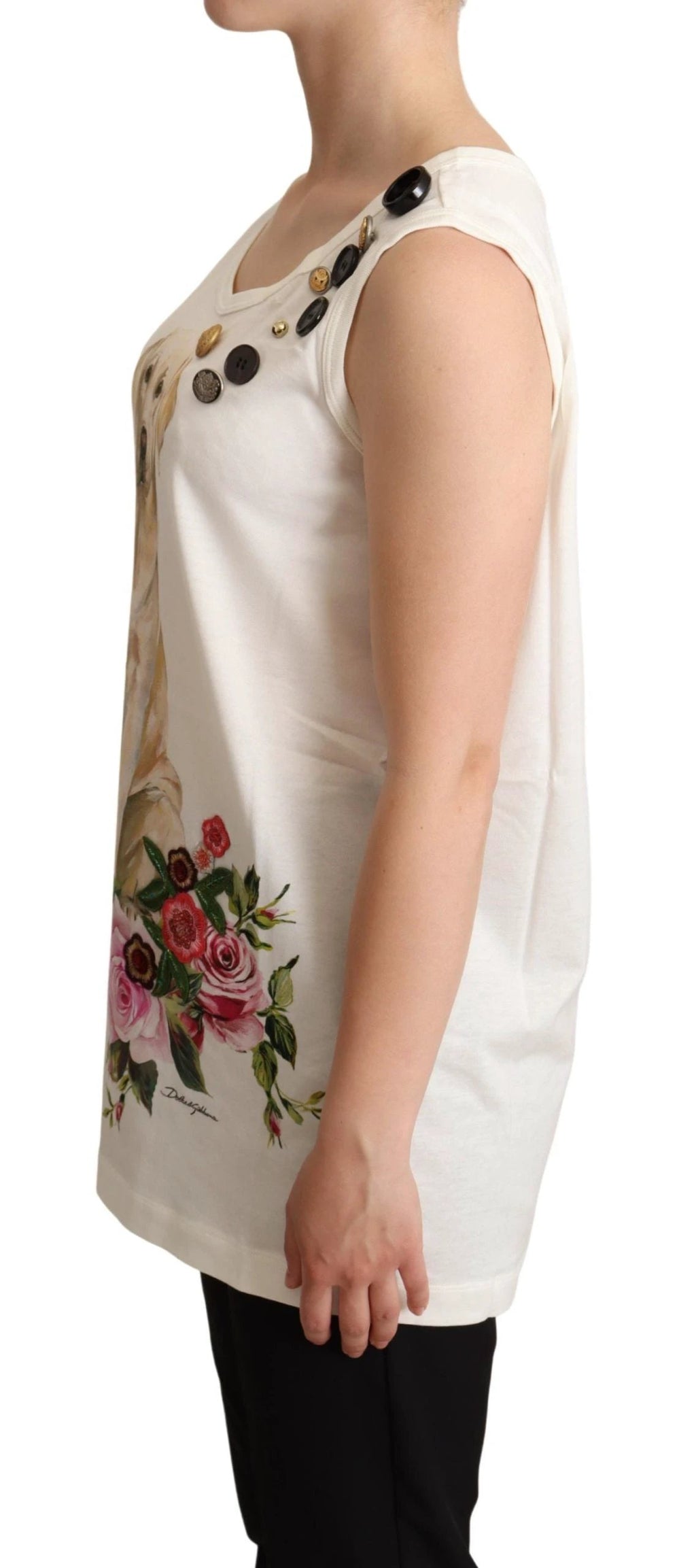 Dolce & Gabbana White Dog Floral Print Embellished T-shirt by Dolce & Gabbana