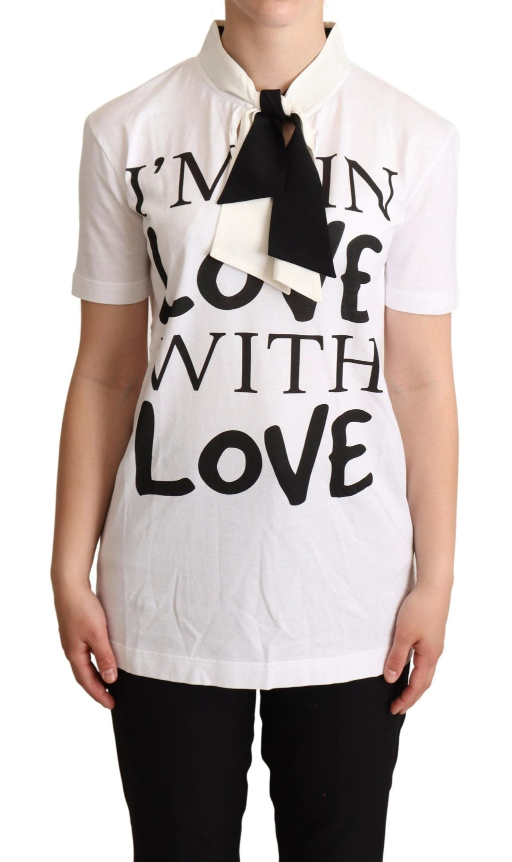 Dolce & Gabbana White Cotton Silk Blend Ascot Collar T-shirt by Dolce & Gabbana