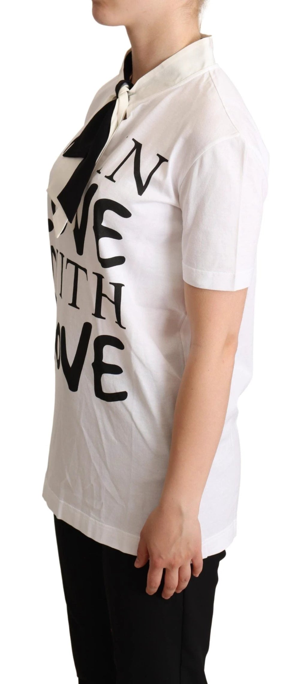 Dolce & Gabbana White Cotton Silk Blend Ascot Collar T-shirt by Dolce & Gabbana